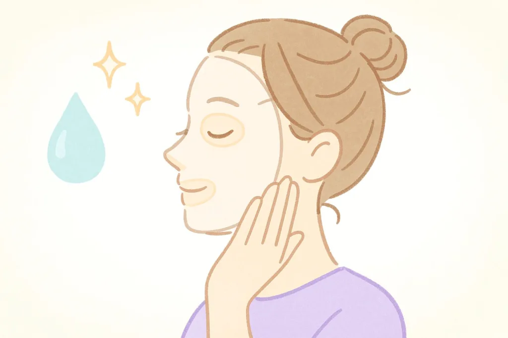 シートマスクで頬を保湿する女性の横顔イラスト｜マツキヨ ヒルメナイド薬用フェイシャルマスクの使用イメージ・敏感肌のうるおいケア