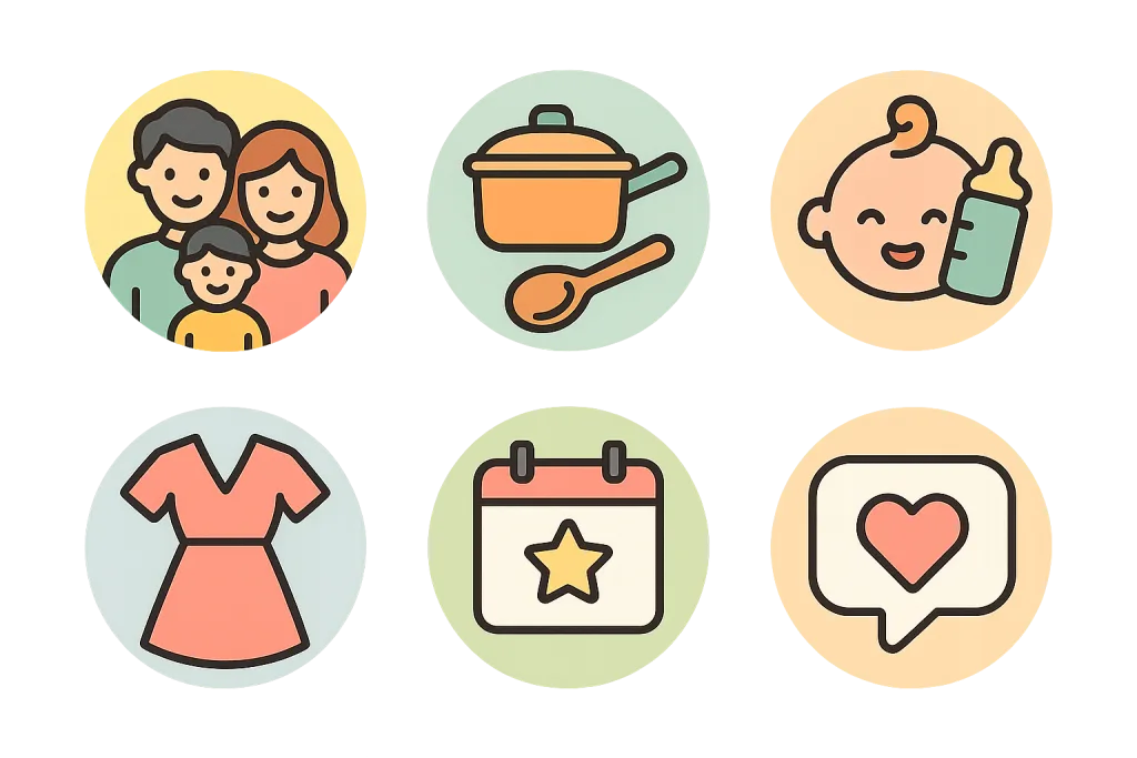 家族・料理・育児・ファッション・スケジュール・ファンの声を表す丸型アイコンセットの図版｜辻希美プロフィール記事の内容マップ／ライフスタイル紹介