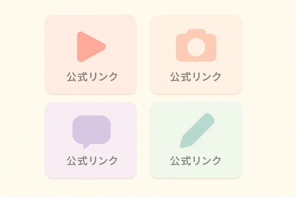 動画・写真・SNSトーク・ブログへの公式リンクを示すカード型ボタン（再生・カメラ・吹き出し・ペンのアイコン）図版｜辻希美プロフィールページの導線ナビ