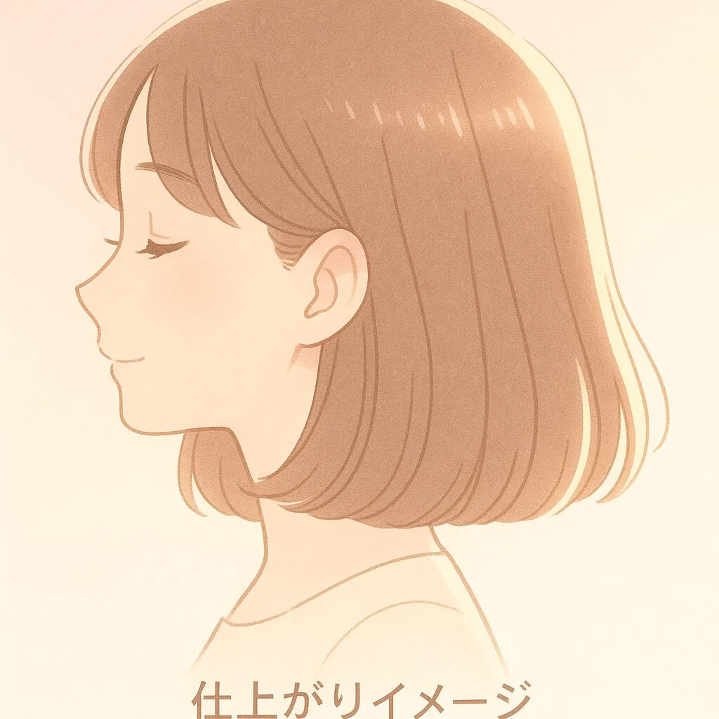 仕上がりイメージの横顔イラスト｜ボブヘアが自然なツヤとまとまりを帯びた仕上がり。スムースな指通り・上品な光沢を表現。