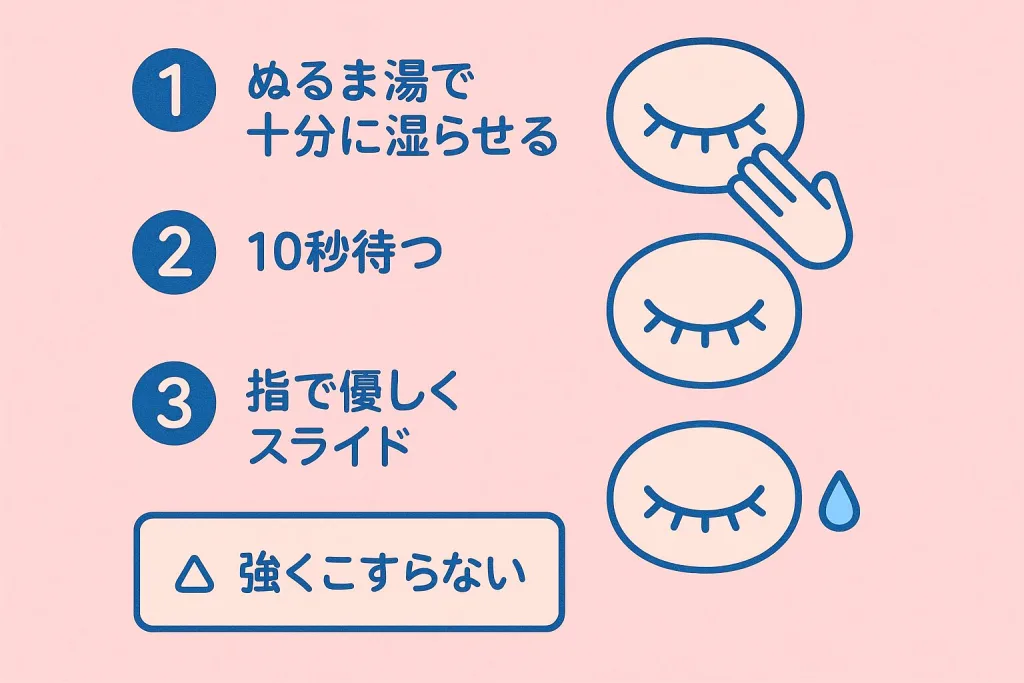 チュービングマスカラの落とし方3ステップ図解｜①ぬるま湯で十分に湿らせる ②10秒待つ ③指で優しくスライド／強くこすらない注意。まつげに優しいオフ方法。