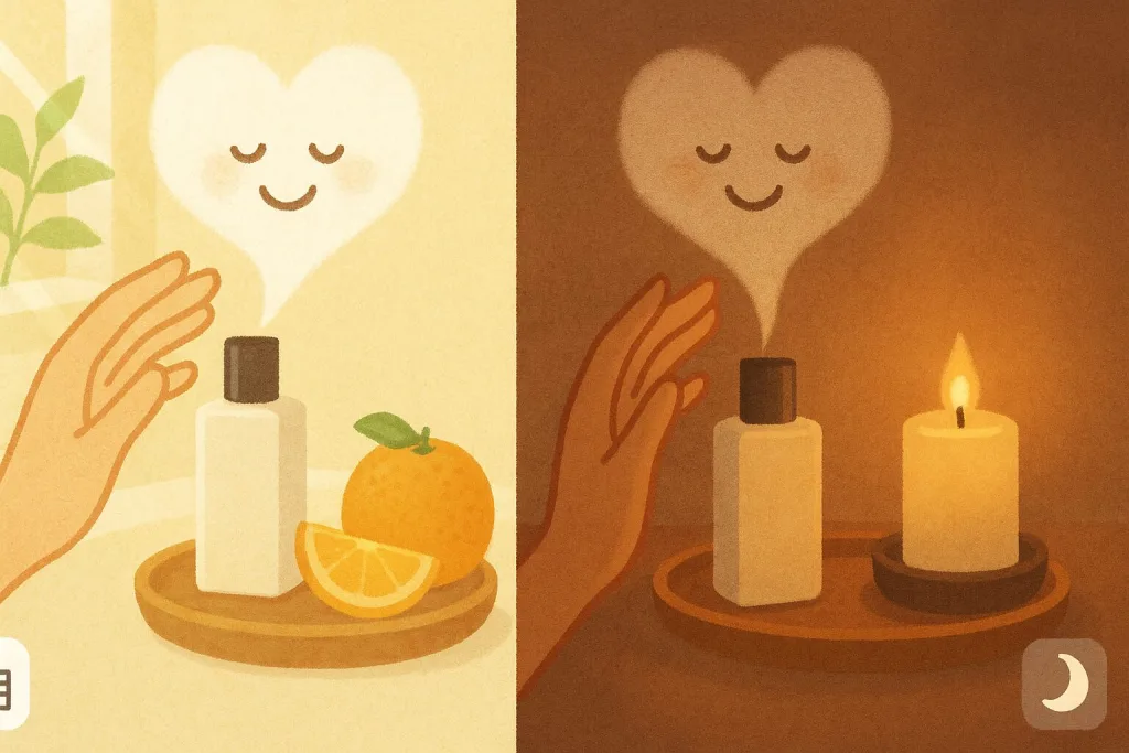 香りの楽しみイラスト|朝は柑橘でリフレッシュ、夜はキャンドルでリラックス—森林浴系バスオイルの昼夜アロマ活用。