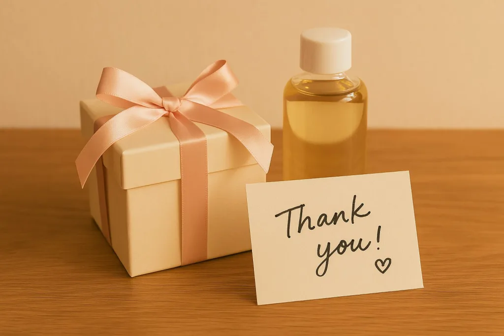 リボン付きギフトボックスと小瓶&「Thank you!」カードの静物写真|バスオイルのプレゼント提案(誕生日・お礼・内祝い向け)。