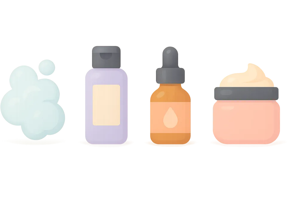 スキンケアの使用順序アイコン図｜洗顔→化粧水→美容液→クリーム／ザ・セラム360を使うタイミングの目安。