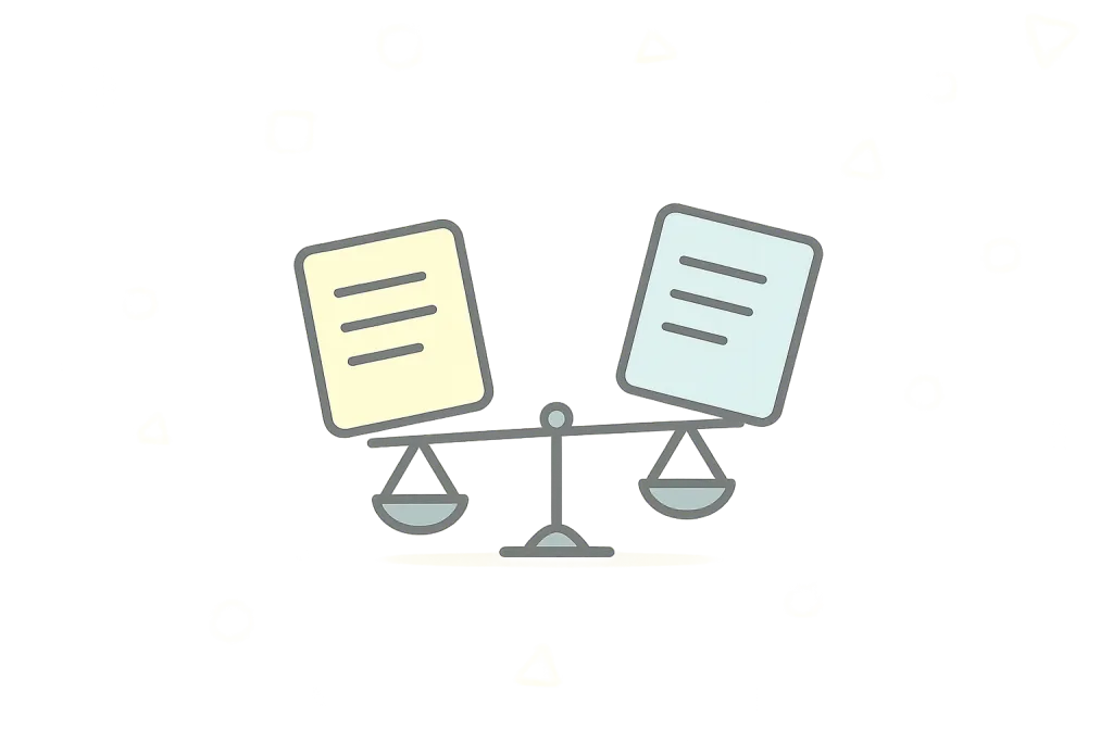 比較を表す天秤と2枚の書類アイコンのイラスト｜製品・サービスの違い、メリット／デメリット、スペック比較を示す解説用ビジュアル