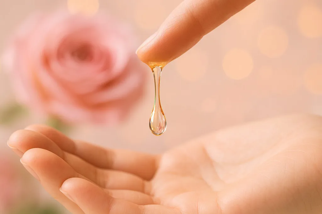 蜂蜜がとろけるクリームローズのクローズアップ｜＆honey系ヘアオイルの保湿・ツヤイメージと甘い香りを象徴。