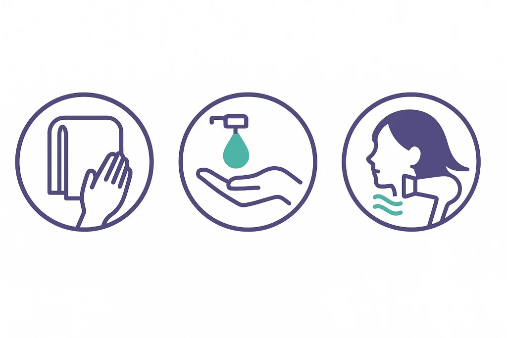 ヘアドライの基本3ステップアイコン|タオルドライ→ヘアオイルを1プッシュ手に取る→ドライヤーで根元・首元からやさしく乾かす。