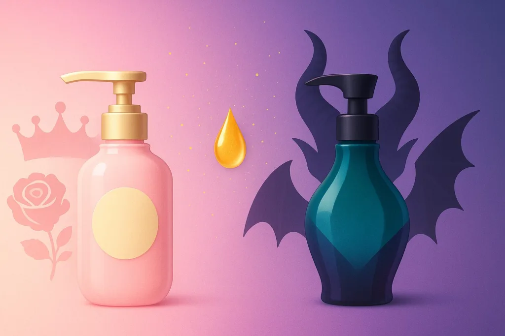 ピンクとダークのボトル比較イラスト|限定版と通常版を対比し中央にハニーオイルの雫。違い・選び方解説用ビジュアル。