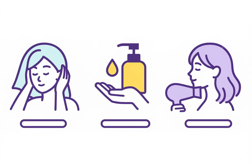 ヘアオイルの基本手順アイコン｜タオルドライ→手に1プッシュ→ドライヤーで根元から乾かす（アウトバス使用）。