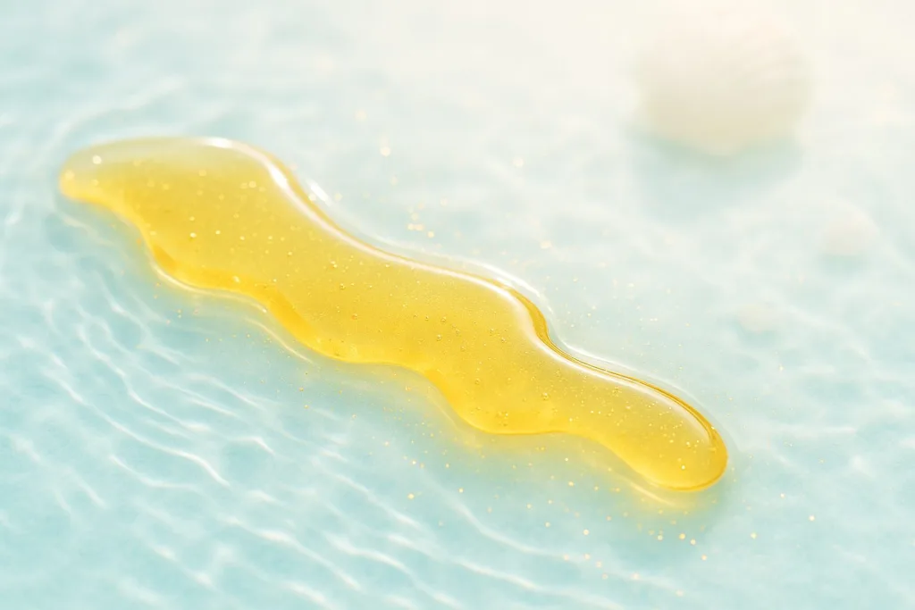 水面の上に広がるハチミツ色のヘアオイル｜きらめく粒子と艶やかな質感を表すテクスチャーカット。