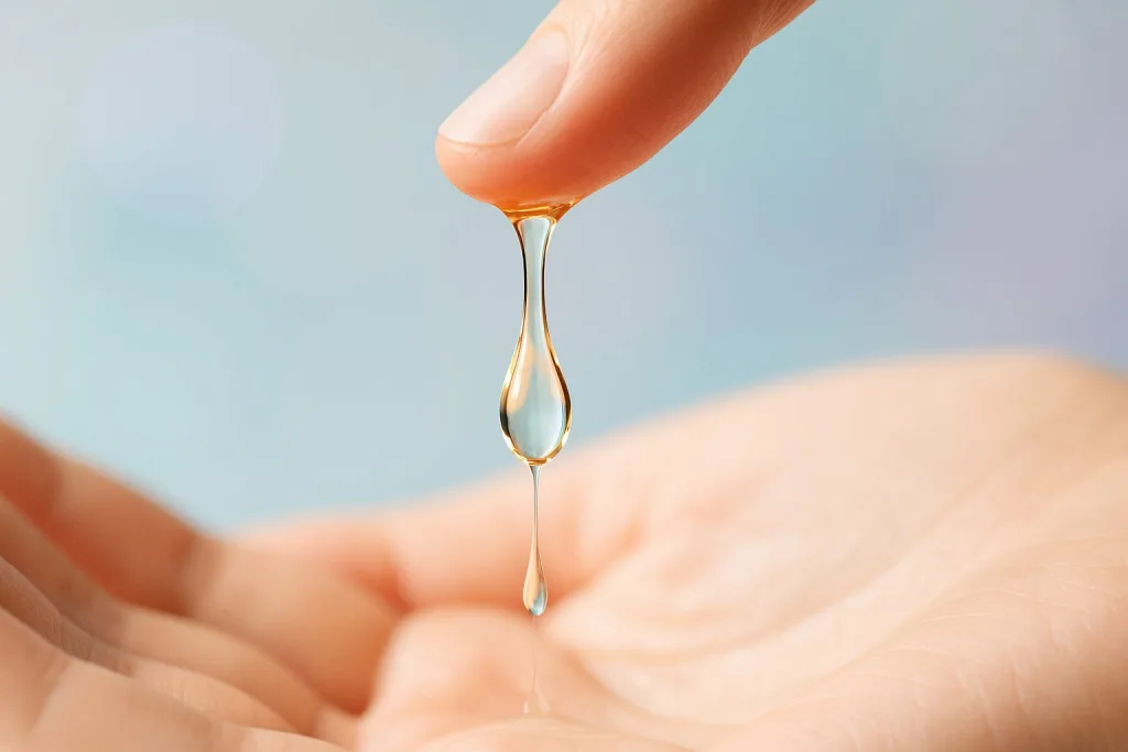指先から手のひらへ一滴落ちる透明ヘアオイルの雫アップ|粘度・伸び・ツヤ感のテクスチャーイメージ。