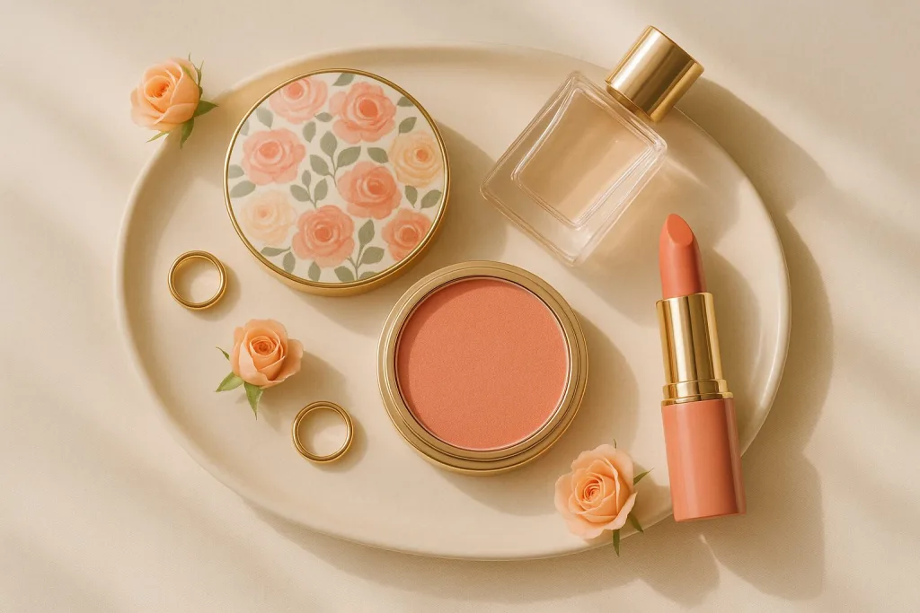 コーラル系コスメのフラットレイ｜口紅・チーク・プレストパウダー・香水と小物／春夏に映えるゴールドパッケージ