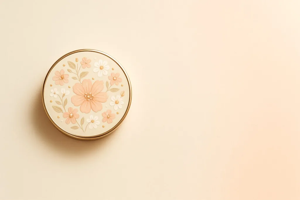 花柄コンパクトの限定デザイン写真｜上品なベージュ×コーラルのパッケージを強調（レビュー・開封記事向け）