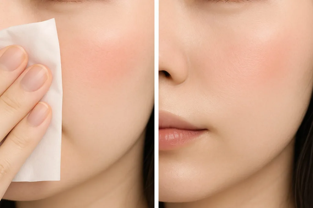 チークの色持ち検証｜ティッシュオフ前後の頬比較で落ちにくさ・ツヤの残り方を確認