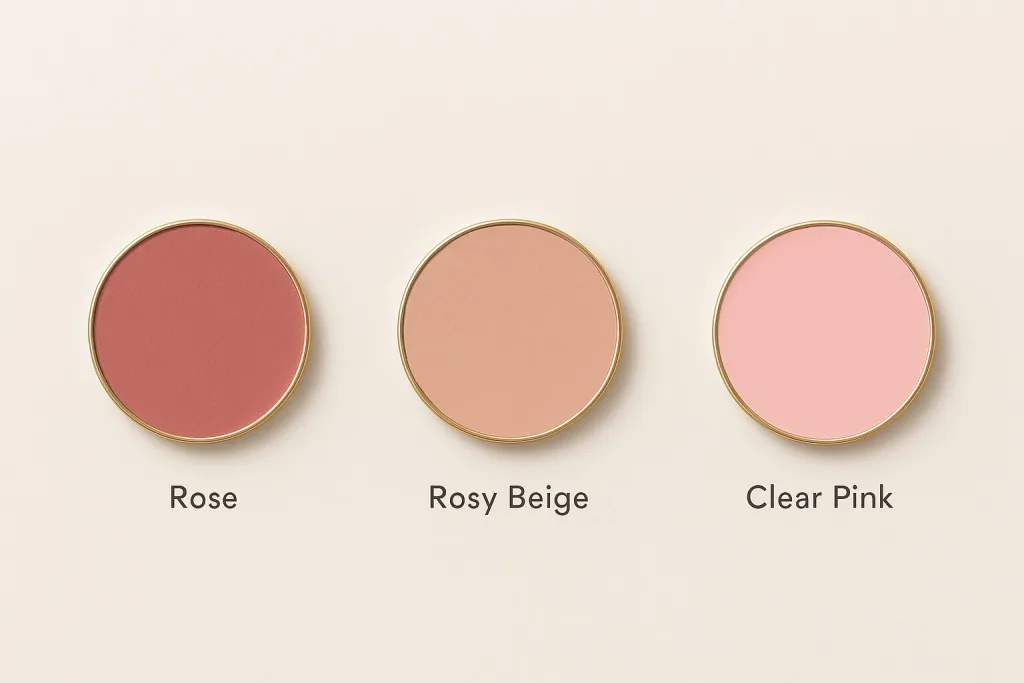 チークカラー3色比較チップ|Rose/Rosy Beige/Clear Pink の色味とトーン差を一覧で確認