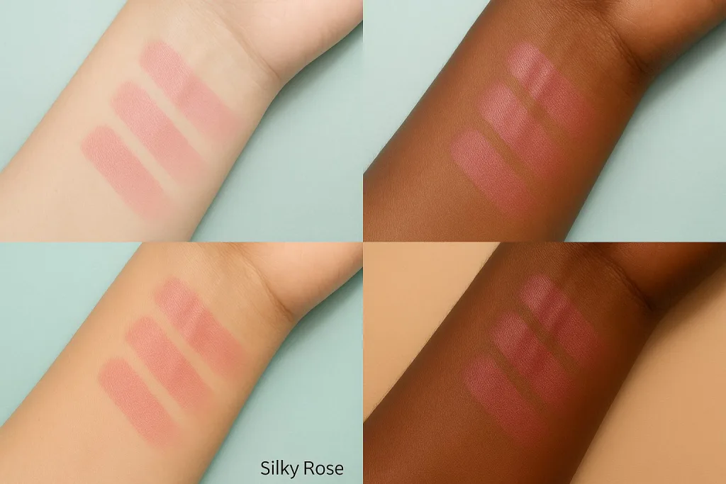 GUCCI チーク 01「Silky Rose」アームスウォッチ|フェア〜ディープ4肌トーンでの発色比較(3段階塗り)