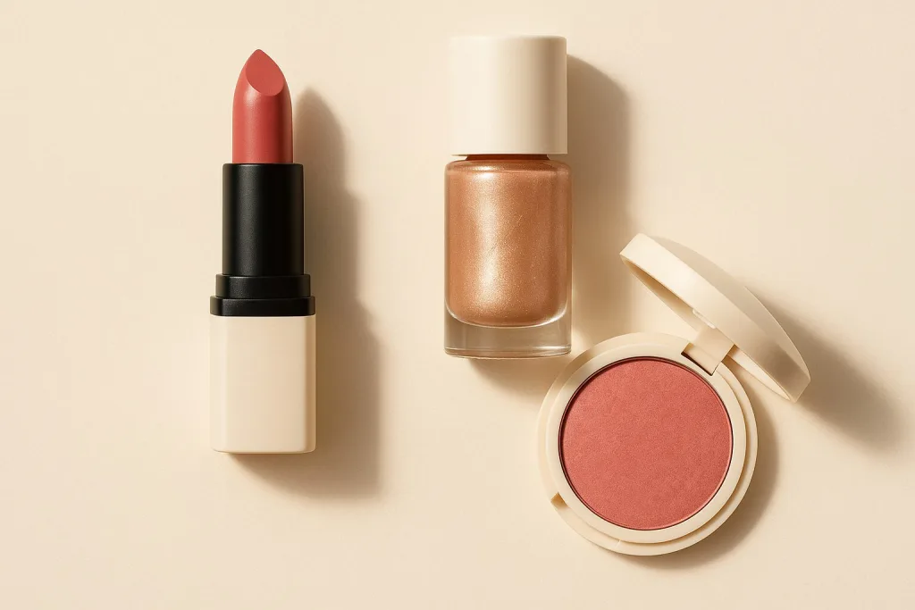 コーラルトーンのリップ・チーク・ネイルのフラットレイ|ゴールドパッケージが映える春夏メイク提案(GUCCI風トーン)