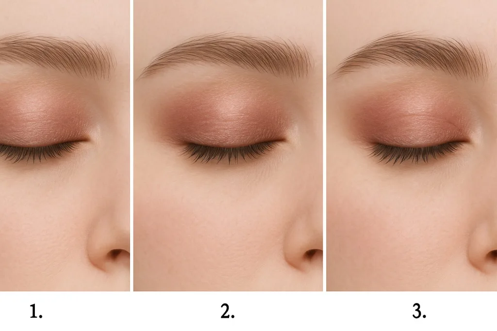 目元メイク3ステップチュートリアル|ワンカラー塗布→境目をぼかす→締め色で立体感、上品なツヤグラデの作り方