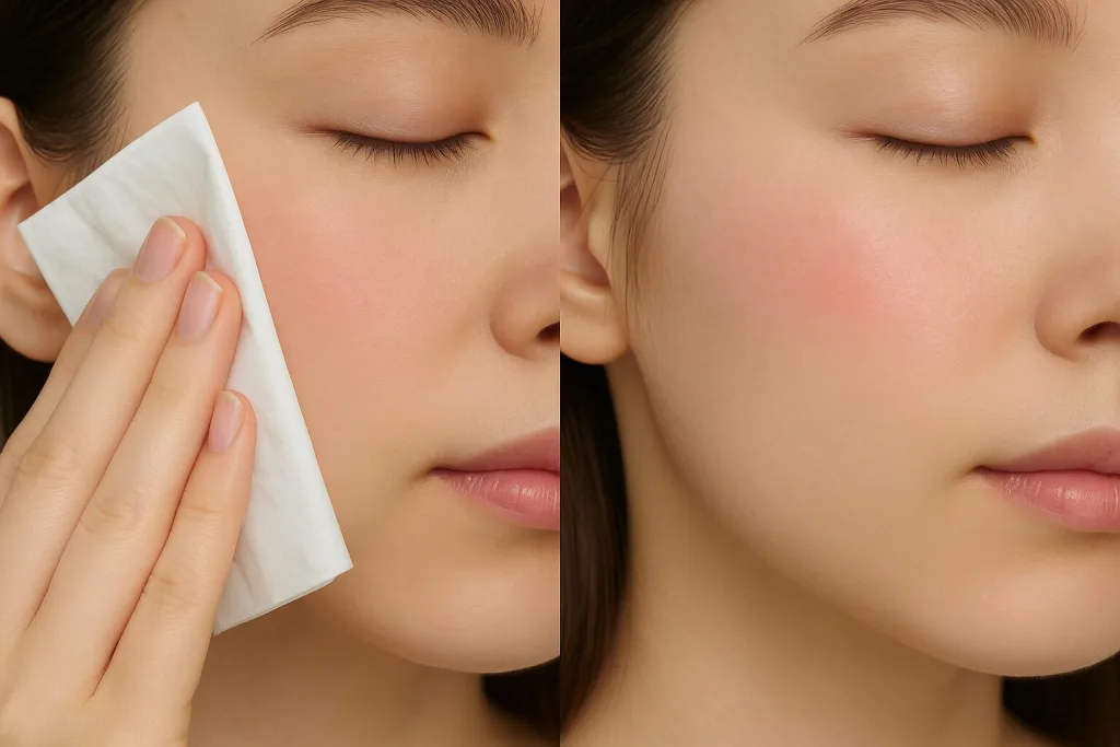 GUCCI チーク 01「シルキーローズ」色持ち検証|ティッシュオフ前後の頬比較でヨレ・色残りをチェックするクローズアップ