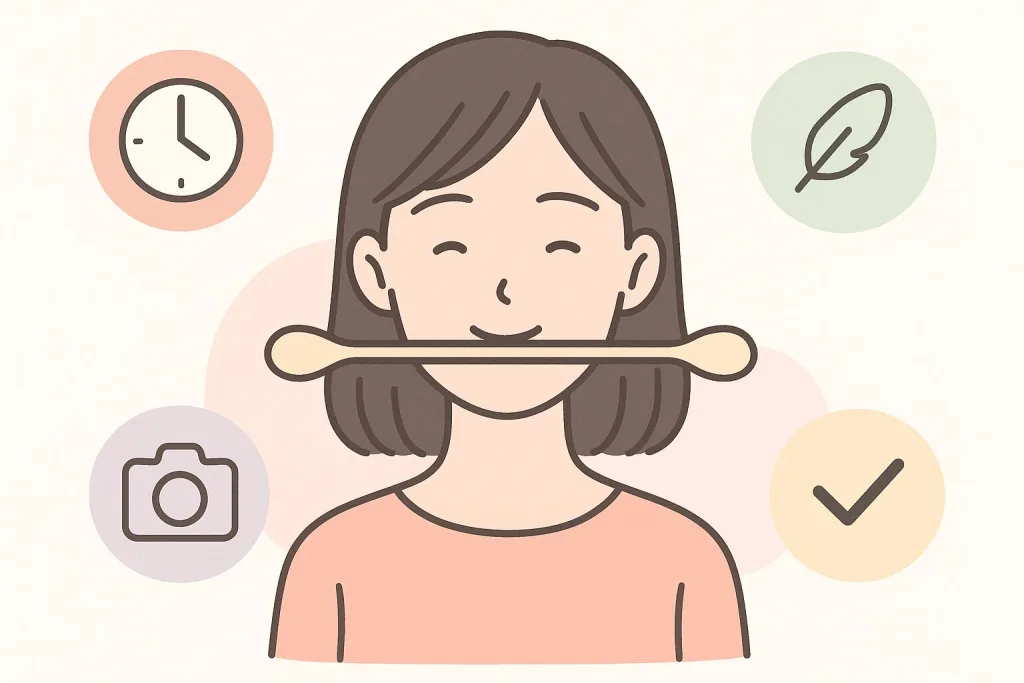 口にバー型マウスピースをやさしくくわえる女性｜時間管理・負担軽減・ビフォーアフター撮影のポイントを示す（PAOの正しい使い方）