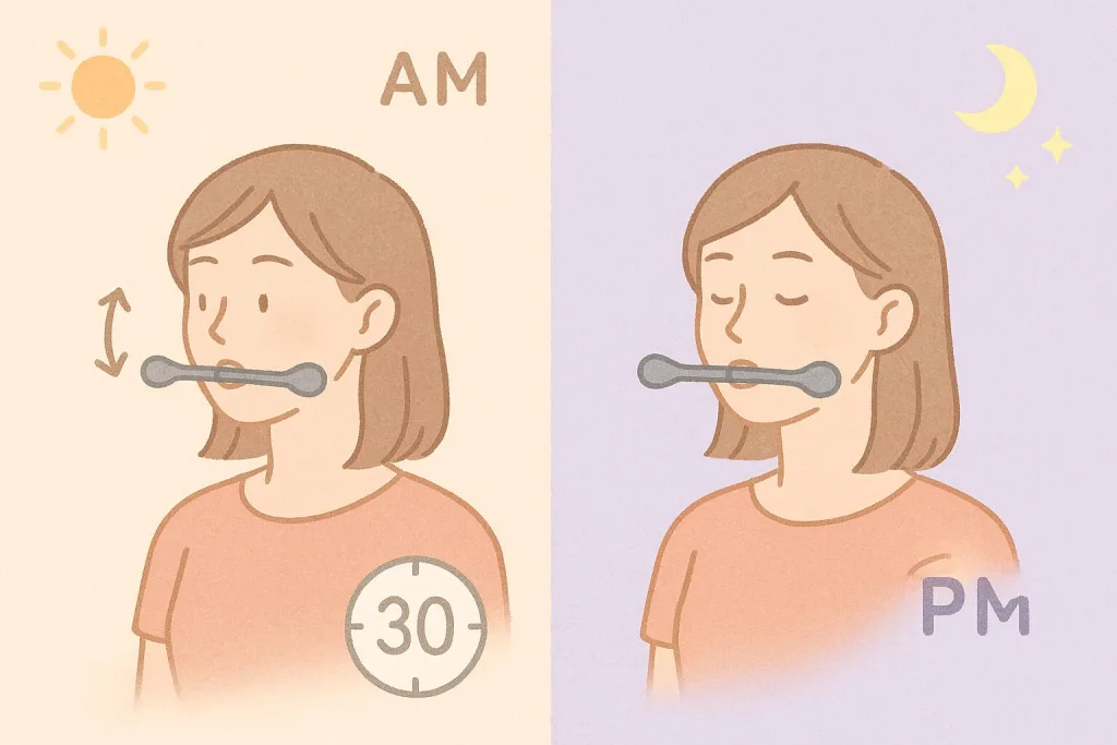 朝夜ルーチン図解｜AMはゆっくり30回／PMは軽くキープでクールダウン—1日の回数・時間目安（PAOトレーニング）。