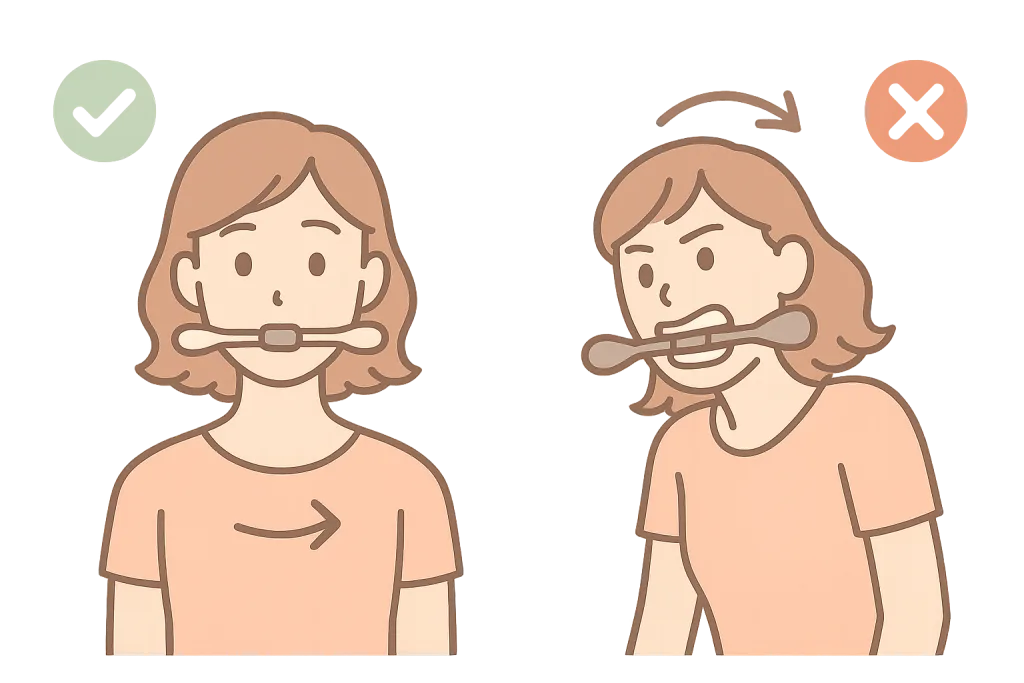 正しい姿勢とNG例｜背筋を伸ばし水平に保持が正解／首を振る・力む・顎を突き出すのは間違い（PAO よくある使い方ミス）。