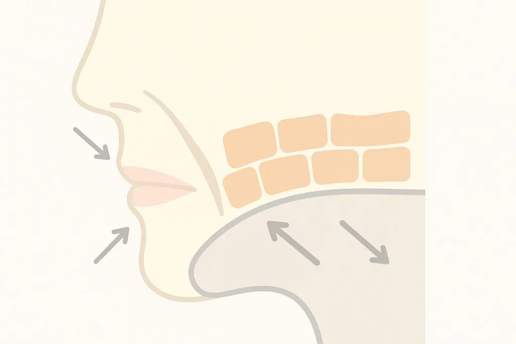 顔の断面図イラスト｜頬の脂肪パッドと表情筋の位置、重力で下がる方向と正しく引き上げるリフト方向を矢印で解説（PAO・口元トレーニングの仕組み）。