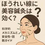 ほうれい線に美容鍼灸は効く？頬や口周りに鍼を打つ女性のイラスト。効果の科学的メカニズム、安全性、適切な施術回数ガイドを解説する特集画像。