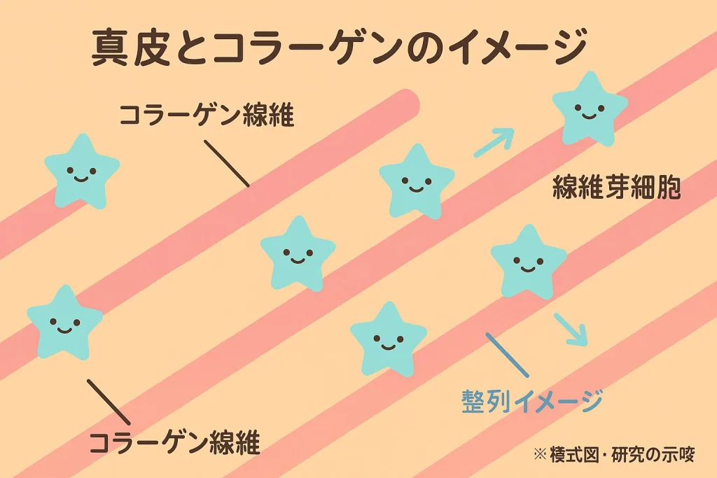 真皮とコラーゲンのイメージ図｜斜めに走るコラーゲン線維と線維芽細胞の整列を示す模式図—肌の弾力・ハリの仕組みを解説（研究示唆・個人差あり）