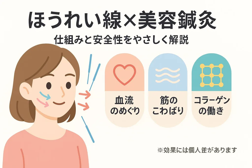 ほうれい線×美容鍼灸の仕組みと安全性をやさしく解説｜血流のめぐり・筋のこわばり・コラーゲンの働きを示すイラスト（※効果には個人差あり）