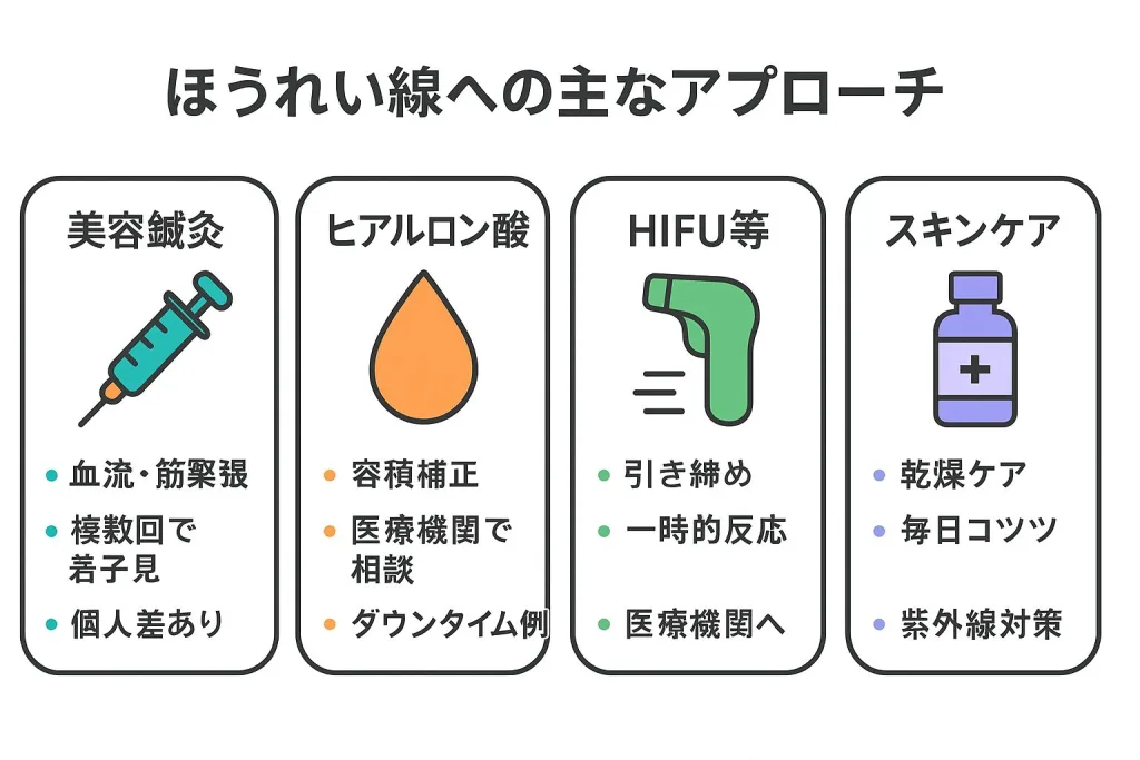 ほうれい線への主なアプローチ比較｜美容鍼灸・ヒアルロン酸・HIFU等・スキンケアの特徴を並べたインフォグラフィック（※医療行為は医療機関で要相談）