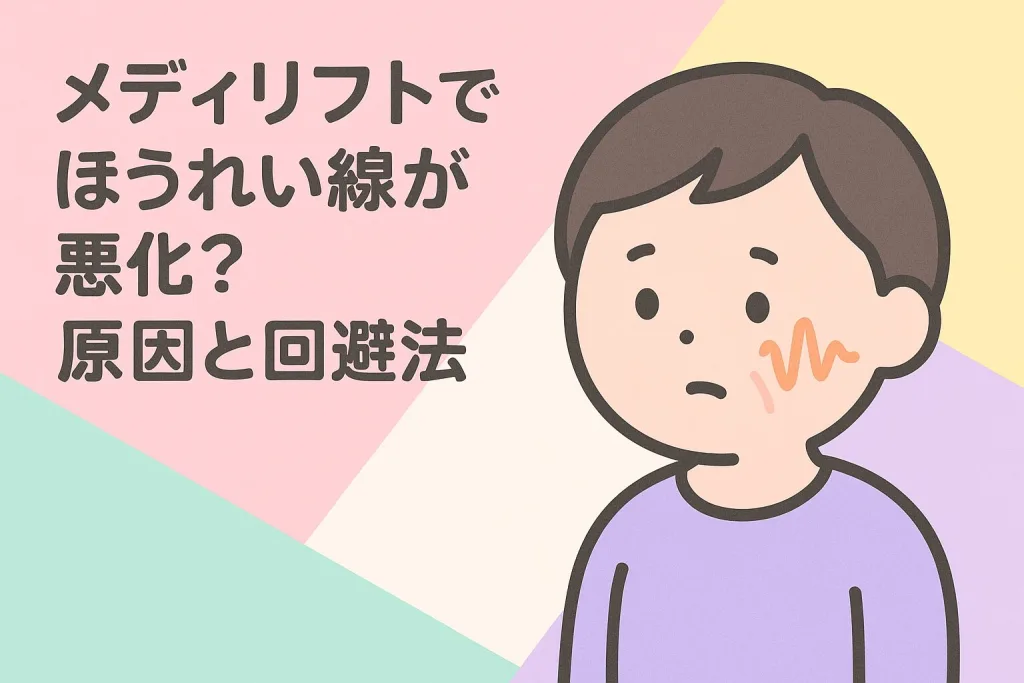 メディリフト使用後にほうれい線が濃く見える原因と回避法を解説する見出し画像。ほおにしわがある人物のイラスト付き。