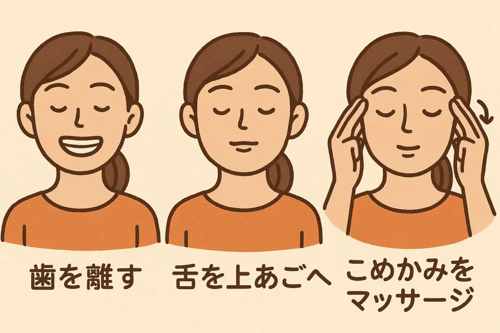 噛みしめ癖によるほうれい線対策のセルフケア手順イラスト。歯を離す・舌を上あごにつける・こめかみをマッサージ。