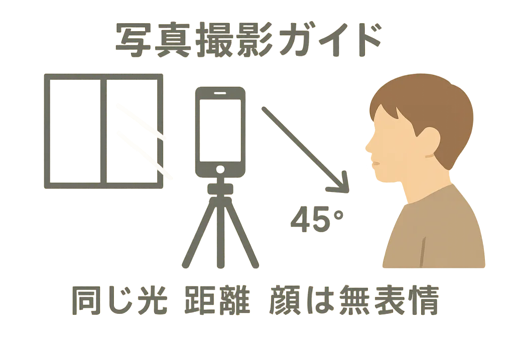 ほうれい線の経過観察用セルフ写真の撮り方ガイド。同じ光・同距離・スマホは正面45度・顔は無表情を示す図。