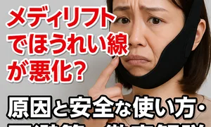 メディリフトでほうれい線が悪化する？原因と安全な使い方・回避策を解説する注意喚起バナー。黒いフェイスベルトを装着し不安そうな女性の写真。