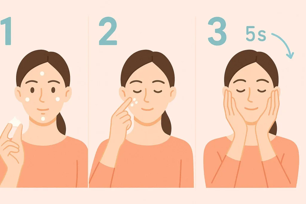 ウルトラフィルの塗り方。洗顔後、顔の5点に少量置き、気になる部分へやさしくなじませ、最後に両手で5秒プレスして密着。