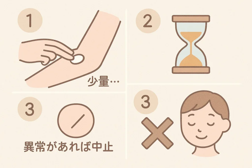 ウルトラフィルのパッチテスト手順。腕の内側に少量を塗り、時間をおいて様子を見る。赤みやかゆみなど異常があれば使用中止、顔には試さない。