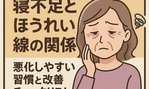 「寝不足とほうれい線の関係を5分で理解できる解説画像。疲れた表情の女性イラスト付きで、悪化しやすい生活習慣と改善チェックリストを紹介。睡眠不足が肌老化や口元のシワを深める原因になりやすい点をわかりやすくまとめたビジュアル。」