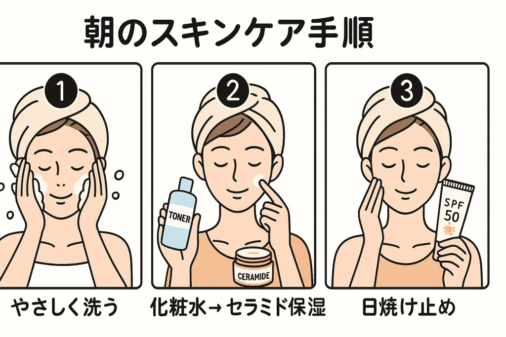 朝の正しいスキンケア手順を3ステップで解説した図。1やさしく洗顔、2化粧水とセラミド保湿、3日焼け止め塗布。シワ予防や乾燥対策に効果的な習慣をわかりやすく紹介。