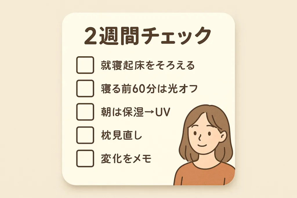 ほうれい線予防のための2週間生活習慣チェックリスト。就寝起床のリズム、寝る前60分の光オフ、朝の保湿とUV、枕の見直し、変化の記録など改善行動をまとめた表。