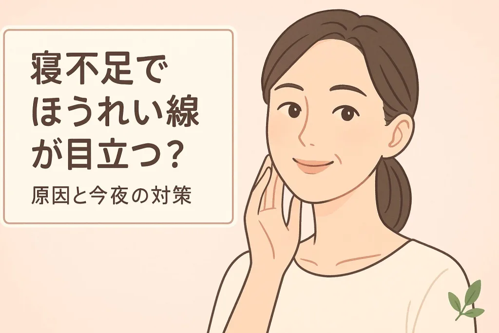 寝不足で目立つほうれい線の原因と今夜からできる対策を紹介するビジュアル。女性のイラストとともに、睡眠改善・スキンケア・枕見直しなどのポイントをまとめた美容解説。