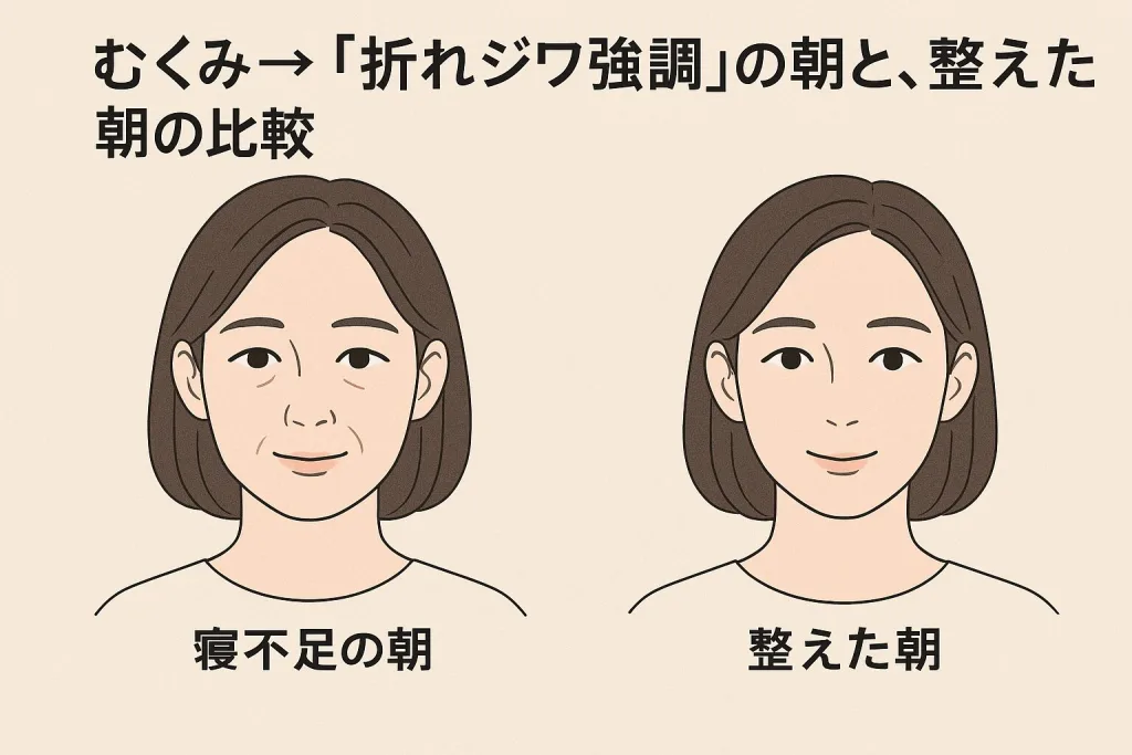寝不足の朝と整った朝の顔比較イラスト。左はむくみと折れジワで老け顔に見え、右は睡眠が整って若々しい表情。生活習慣改善でほうれい線予防が可能であることを解説。