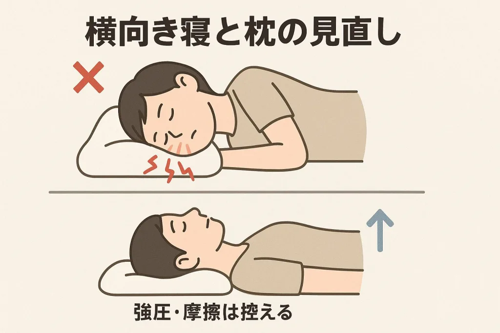横向き寝がほうれい線を悪化させる原因を解説したイラスト。顔に圧がかかる寝姿勢はシワのリスクを高めるため、仰向け睡眠や枕の高さ調整が推奨される
