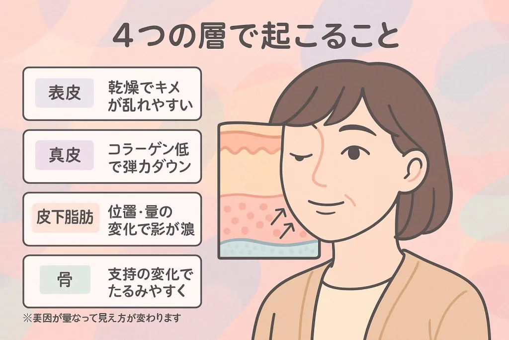 肌の構造を示すイラスト。女性の顔の横に「表皮・真皮・皮下脂肪・骨」の層が描かれ、それぞれ「乾燥でキメが乱れる」「コラーゲン低下で弾力ダウン」「脂肪の位置変化で影が濃くなる」「骨の支持変化でたるみやすい」と説明されている。
