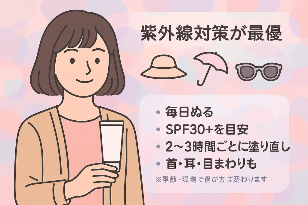 紫外線対策の重要性を伝えるイラスト。日焼け止めを持つ女性と、帽子・日傘・サングラスのアイコンが描かれ、「毎日塗る・SPF30以上・2〜3時間ごとに塗り直し・首や耳も忘れずに」と解説している。
