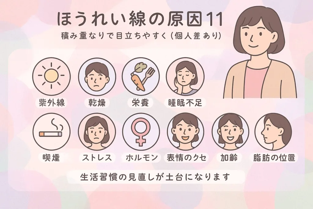 ほうれい線の原因をまとめたイラスト。紫外線・乾燥・栄養不足・睡眠不足・喫煙・ストレス・ホルモン・表情のクセ・加齢・脂肪の位置変化など11項目がアイコン付きで紹介され、生活習慣の見直しが大切と解説している。
