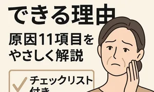 ほうれい線ができる原因を解説するイラスト。疲れた表情の女性と「原因11項目をやさしく解説・チェックリスト付き」という文字が配置され、ほうれい線対策の情報を示している。