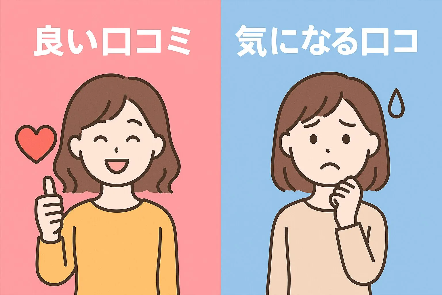 ザ・ダーマベスト5レチノール＋コラーゲンの口コミ比較イラスト。左は笑顔で親指を立てた女性とハートアイコンで「良い口コミ」、右は不安そうな女性と汗マークで「気になる口コミ」と表示され、メリットとデメリットをわかりやすく表現。
