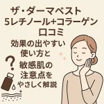 ザ・ダーマベスト5レチノール＋コラーゲンの口コミ解説イラスト。笑顔の女性と化粧品ボトルのイラストに「効果的な使い方・敏感肌の注意点・やさしく解説」と表示され、スキンケアレビュー記事の導入を表現。