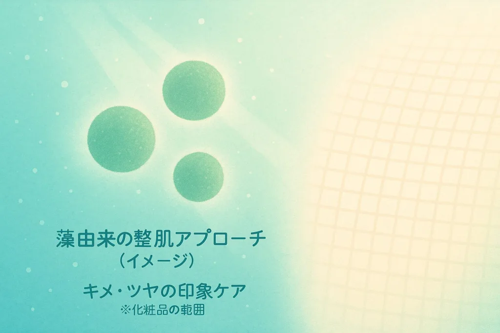藻由来の整肌成分によるやさしい角質ケアを表現したイラスト。微細藻バイオレチノイドのイメージで、キメやツヤを整える化粧品の範囲のサポートを示す。